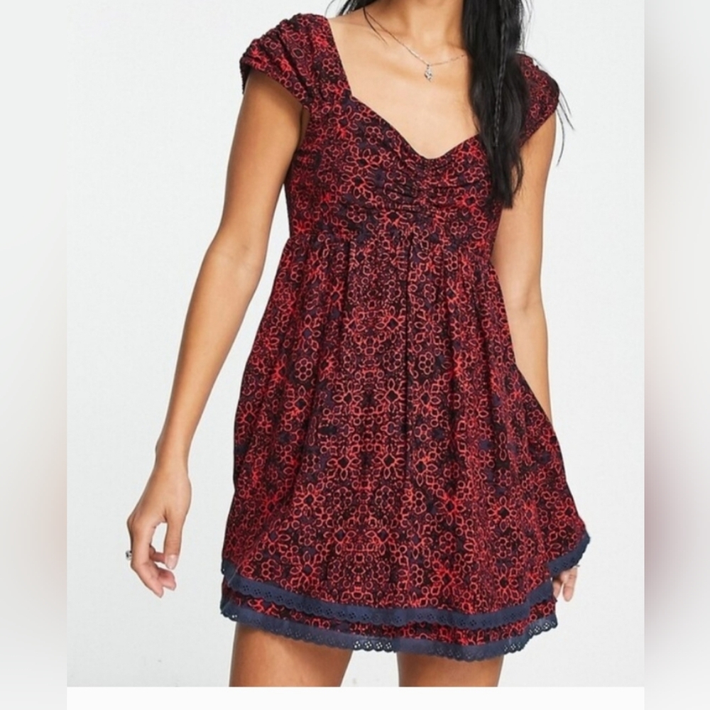 Free People TABITHA Red Navy Blue MINI DRESS S/M With Pockets